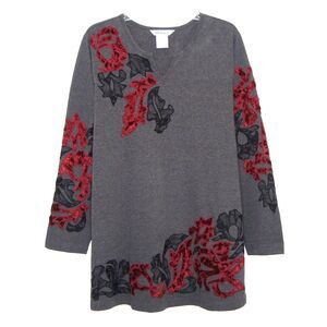 Ulla Popken Gray Loose Fitting Tunic Floral Embroidered Long Sleeve Size 12/14